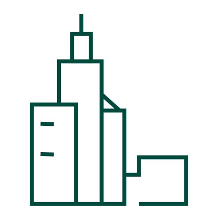 A simple line drawing depicts a stylized city skyline with several rectangular buildings of varying heights. The illustration uses clean, dark green lines on a transparent or white background, emphasizing geometric shapes. No text, numbers, or people are visible in the image.