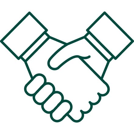 A simple line art illustration depicts two hands shaking, symbolizing agreement or partnership. The image uses clean, dark green lines on a transparent or white background. The visual style is minimalist and modern, focusing on the gesture of a handshake. No text, numbers, or logos are visible in the image.
