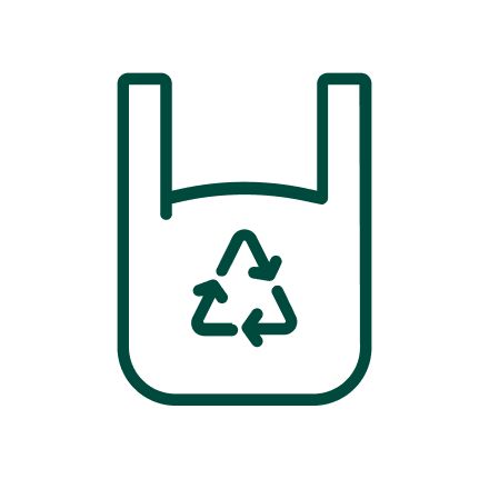 A simple line drawing depicts a reusable shopping bag featuring a prominent recycling symbol in the center. The image uses a clean, minimalistic style with a single dark green color. There are no visible numbers, text, or brand names present. The illustration emphasizes eco-friendly practices and sustainability.