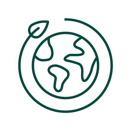 A simple line art illustration depicts the planet Earth with a stylized leaf encircling it. The design uses a single dark green color, emphasizing environmental and sustainability themes. No text or numbers are visible in the image, and the style is clean and modern.