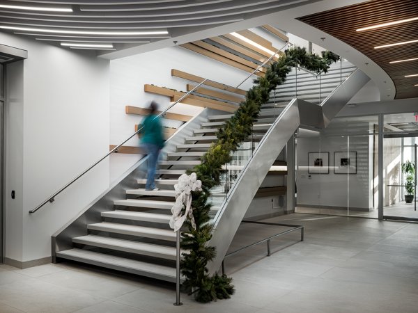 Stairs in a building leading to the second floor