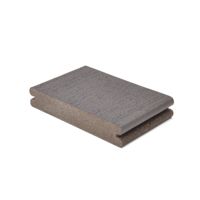A single gray composite decking board is displayed against a plain white background. The board features a textured surface and grooved edges, suggesting it is designed for easy installation in outdoor decking projects. The neutral gray color and clean lines highlight its modern, functional style. No visible text, numbers, or branding are present on the board.