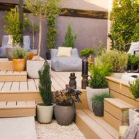 A contemporary outdoor patio features tiered wooden decking surrounded by a variety of potted plants and greenery. Comfortable seating areas with neutral cushions create a relaxed atmosphere, while a hot tub is partially visible on the right. The setting is bright and inviting, with natural sunlight and a mix of textures from wood, stone, and foliage.