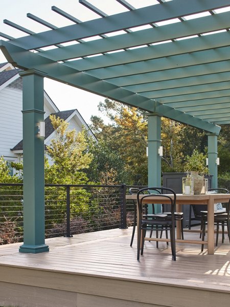 HGTV Dream Home 2025 photo of the Trex Biscayne deck with a Trex Pergola accenting the space in a cool coastal color. 