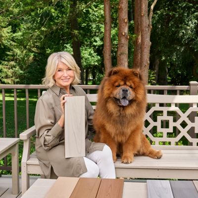 A mature woman sits on an outdoor bench holding a rectangular wood or composite deck board sample. Beside her is a large fluffy dog resting on the bench. They are on a deck surrounded by trees and greenery, with a decorative railing in the background. Several deck boards in different neutral colors are laid out on the table in front, showcasing various wood tones. The scene feels calm and inviting, highlighting outdoor living and material choices.