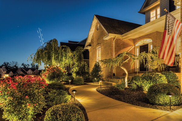 A pathway illuminated by stake lights and downlighting from trees