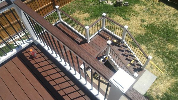 Riverview Park Alton, IL Trex Decking in Fire Pit &amp; Lava Rock - Transcend Railing w Cocktail Rail - View from Top Balcony