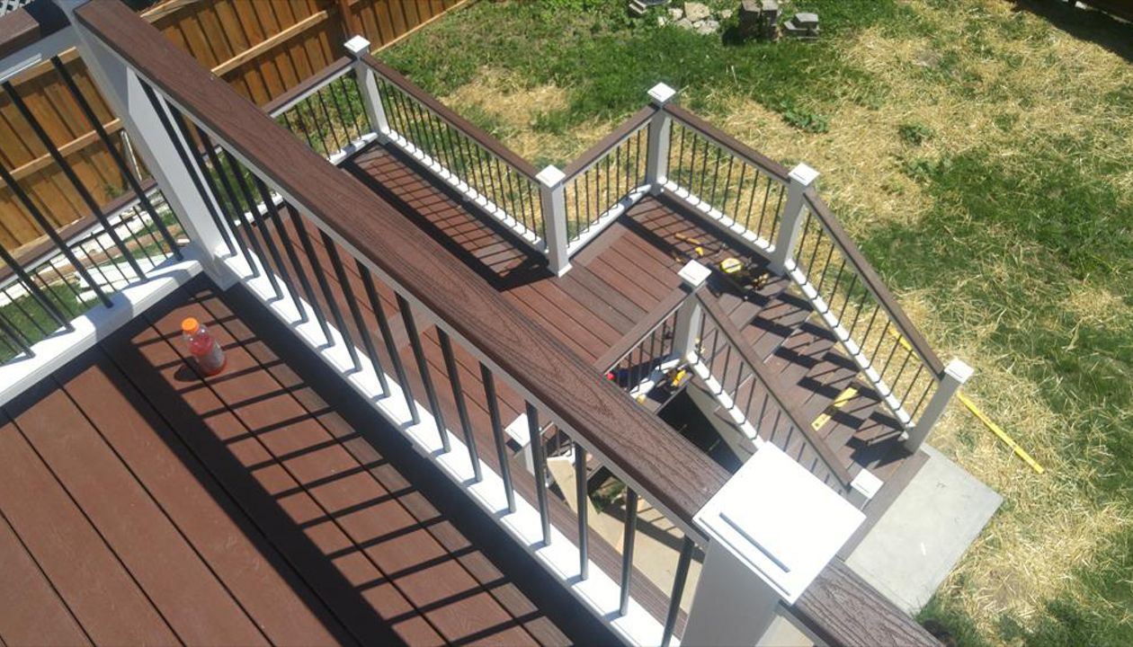 Riverview Park Alton, IL Trex Decking in Fire Pit &amp; Lava Rock - Transcend Railing w Cocktail Rail - View from Top Balcony