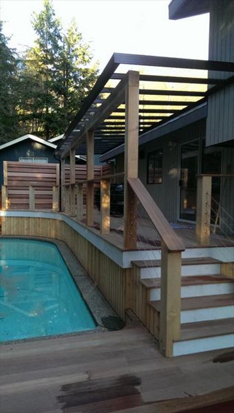 Wire railings, wood deck and stairs