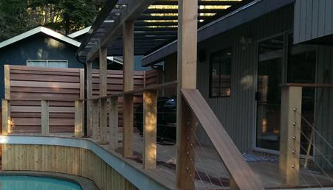 Wire railings, wood deck and stairs