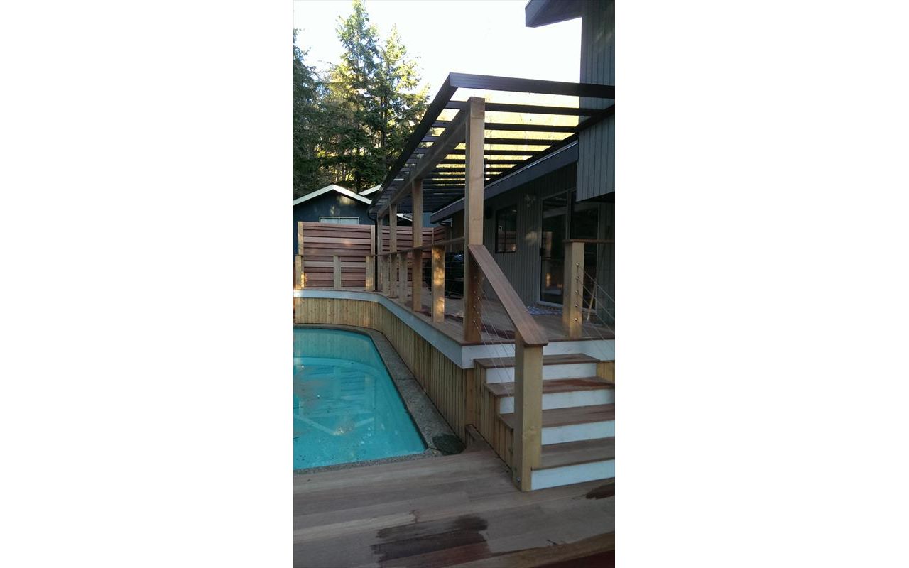Wire railings, wood deck and stairs