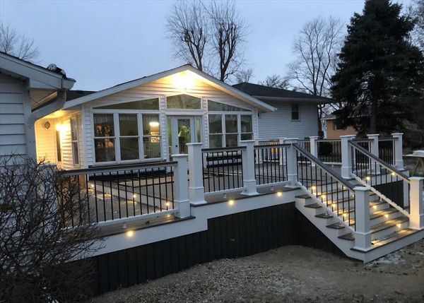 Multi level deck with lighting.