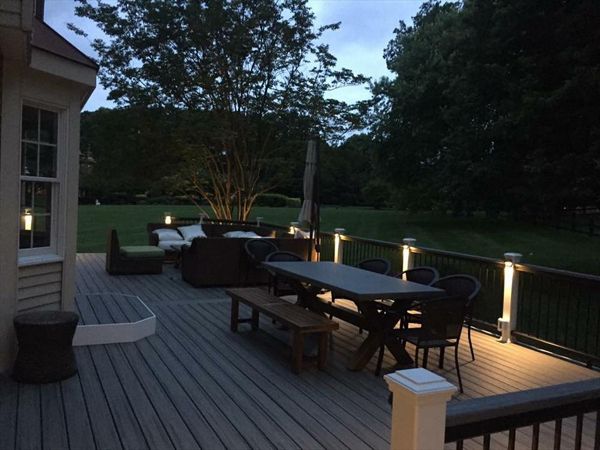 Trex Transcend Island Mist Decking with Trex Transcend Charcoal Black Railing with Trex Deck Lighting