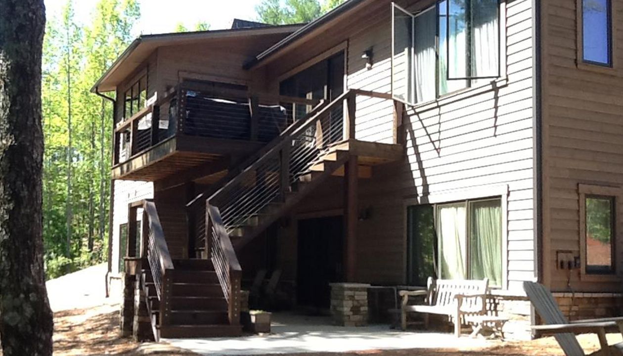 Trex Transcend Spiced Rum deck with a view of Lake James in Nebo, NC