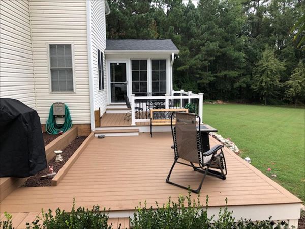 Trex Enhance Beach deck is multi-level for an expanded outdoor living space.
