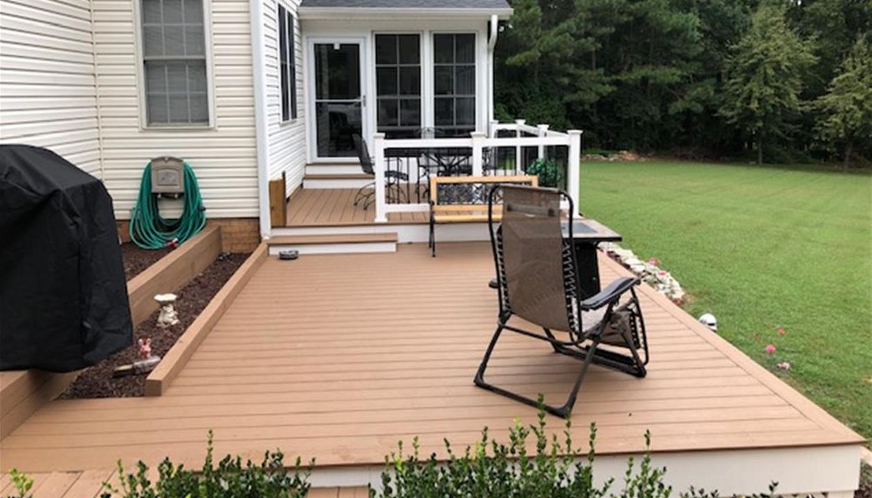Trex Enhance Beach deck is multi-level for an expanded outdoor living space.