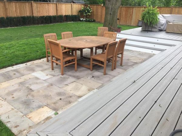 Trex Transcend GRAVEL PATH stone landscape  custom made COMPOSITE deck with Trex railing and skirting. The deck built in Toronto, Mississauga, Scarborough, Etobicoke, North York, Markham, Richmond Hill, Thornhill, Vaughan