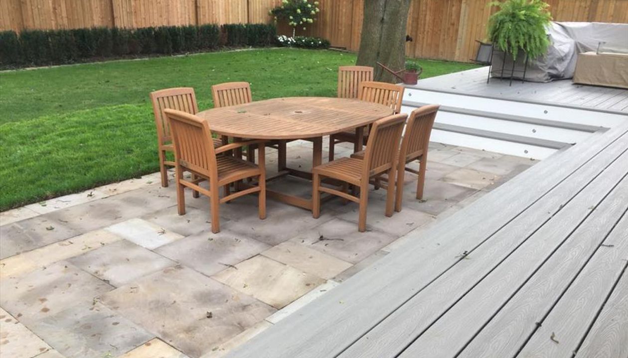 Trex Transcend GRAVEL PATH stone landscape  custom made COMPOSITE deck with Trex railing and skirting. The deck built in Toronto, Mississauga, Scarborough, Etobicoke, North York, Markham, Richmond Hill, Thornhill, Vaughan