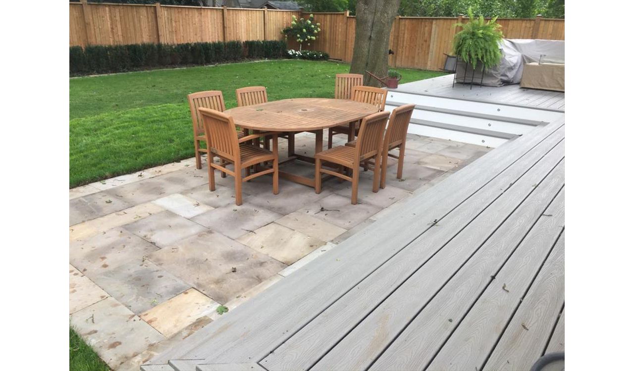 Trex Transcend GRAVEL PATH stone landscape  custom made COMPOSITE deck with Trex railing and skirting. The deck built in Toronto, Mississauga, Scarborough, Etobicoke, North York, Markham, Richmond Hill, Thornhill, Vaughan
