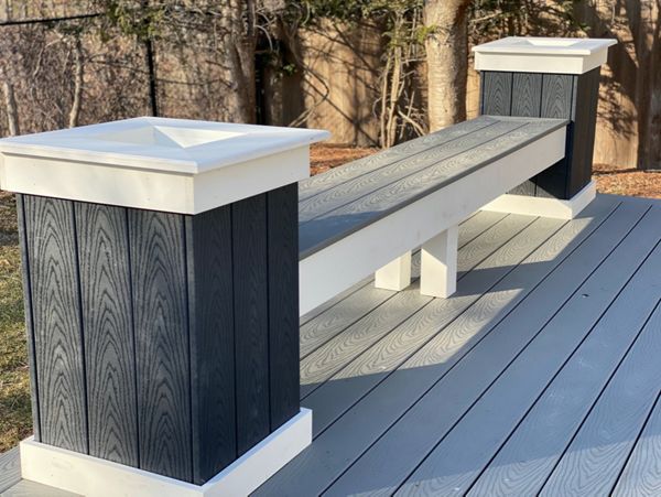 Custom Planter/Bench Combo with Trex Select Pebble Grey and Winchester Grey Decking, on 12x24 Platform Deck, in Peabody, MA