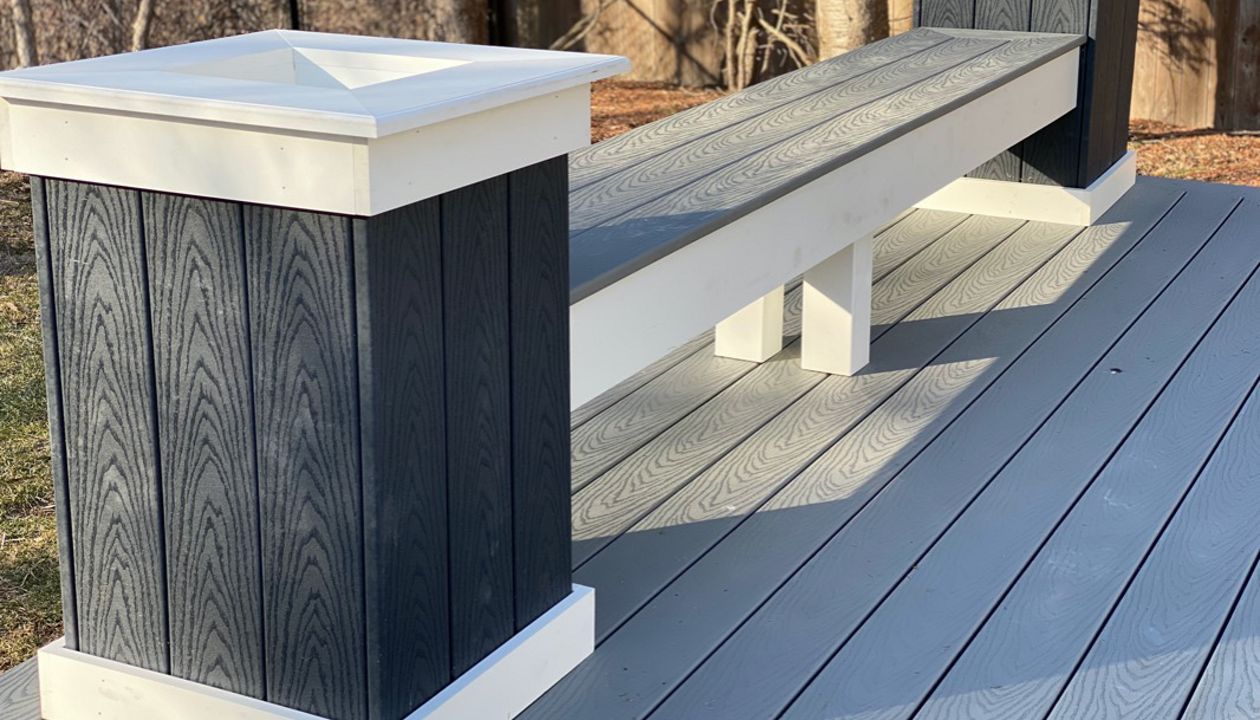 Custom Planter/Bench Combo with Trex Select Pebble Grey and Winchester Grey Decking, on 12x24 Platform Deck, in Peabody, MA