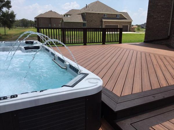 Tiki Torch Deck with Vintage Lantern Railing and Swim Spa 1