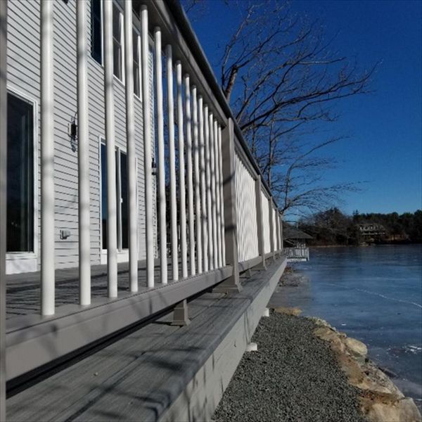 Trex Railing System, Island Mist Cocktail Rail, Trex Post Sleeves/Skirts/Universal Top/Bottom Rails in Gravel Path, Trex White Round Balusters