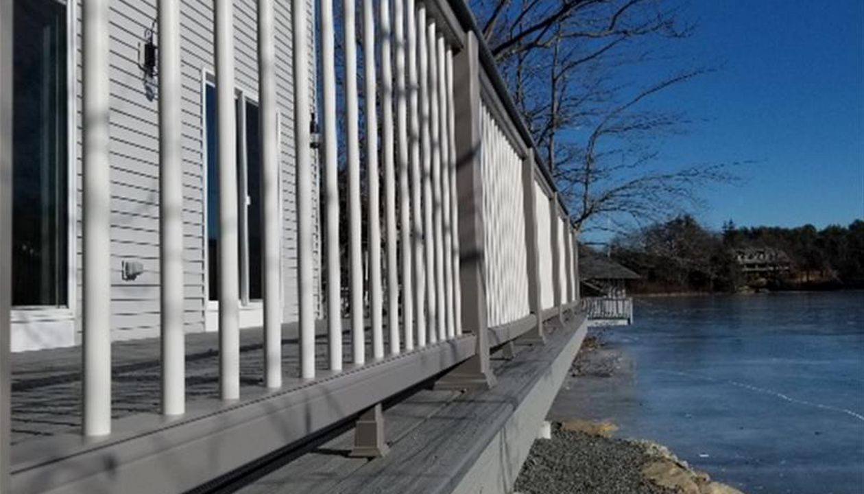 Trex Railing System, Island Mist Cocktail Rail, Trex Post Sleeves/Skirts/Universal Top/Bottom Rails in Gravel Path, Trex White Round Balusters