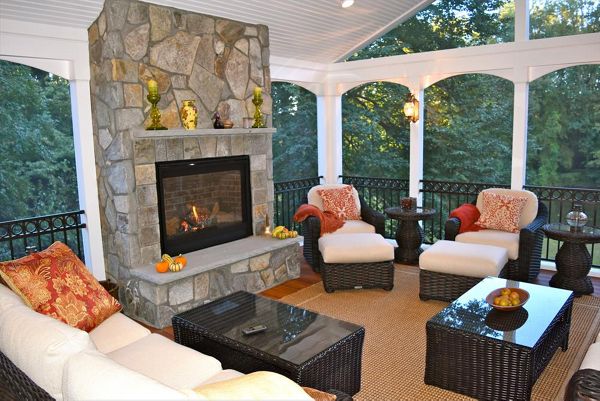 Porch Interior With Stone Fireplace