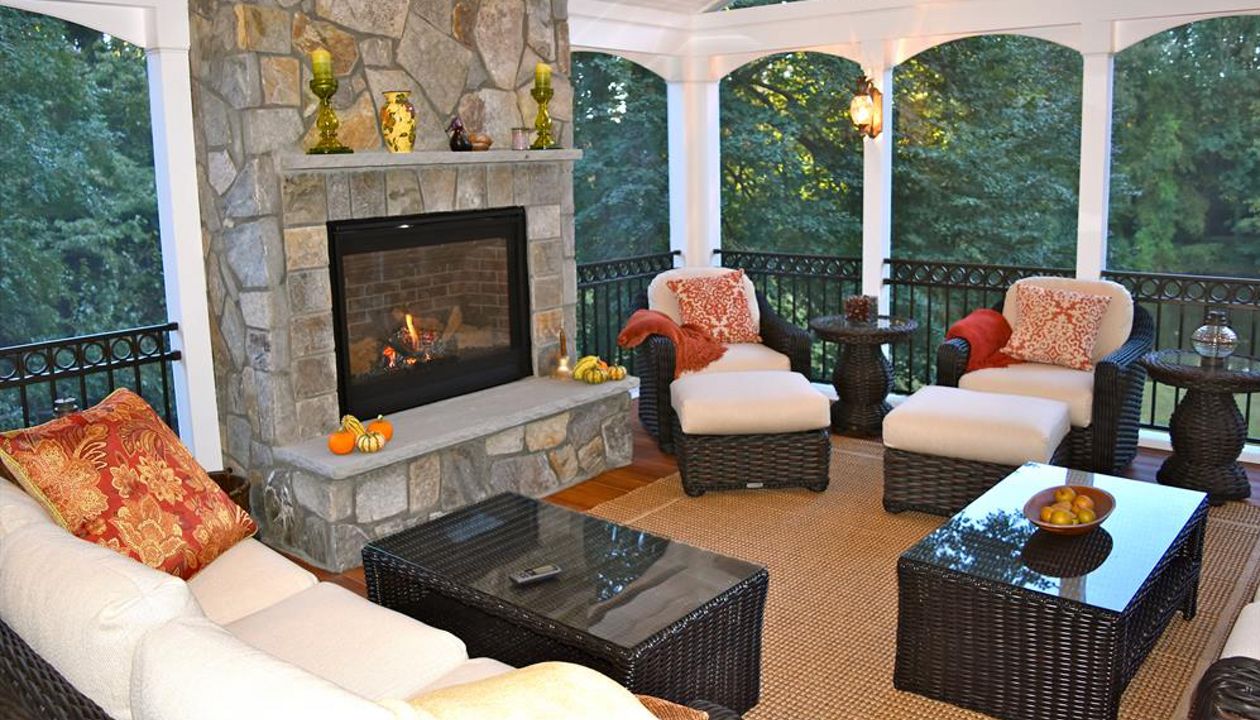 Porch Interior With Stone Fireplace