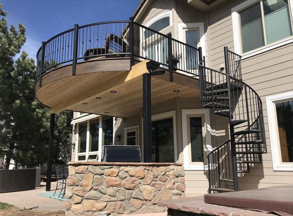 Spiced Rum decking and fascia, Rain Escapes, custom spiral stairs and rail