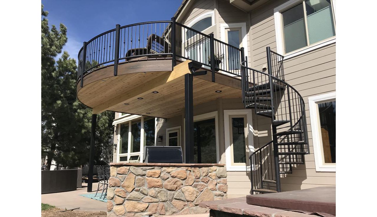 Spiced Rum decking and fascia, Rain Escapes, custom spiral stairs and rail