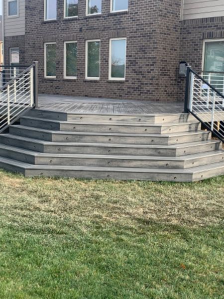 Island Mist Decking, Black and Platinum Rod Rail. Trex lights. Canton Michigan Mann’s lumber wright way contractors