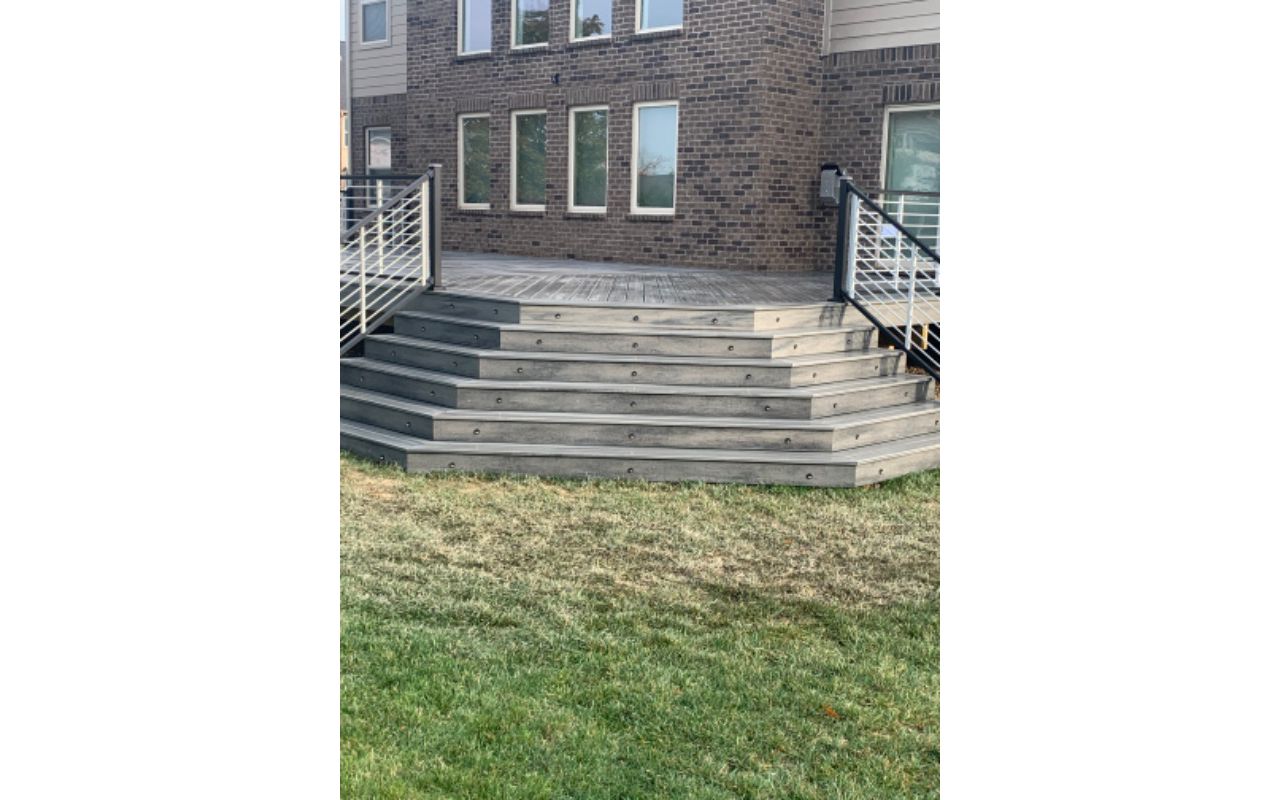 Island Mist Decking, Black and Platinum Rod Rail. Trex lights. Canton Michigan Mann’s lumber wright way contractors