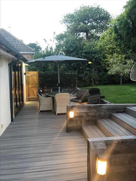 Trex Transcend Island Mist. Steps leading to the raised garden and external office.