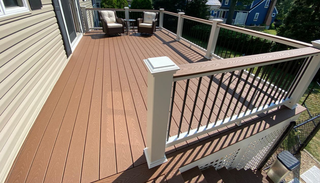 12x20 Deck Space, Trex Select Saddle Decking with Trex Select Railings with Cocktail Rails, in North Reading, MA