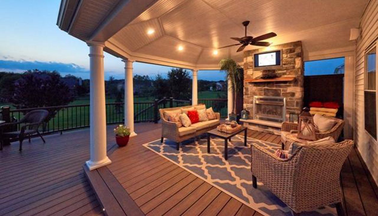 Trex deck.Spiced Rum Deck with Roof  Fireplace Robbinsville