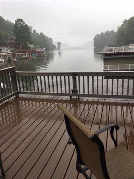 This is the view of Lake Lure from this Trex Transcend rooftop deck