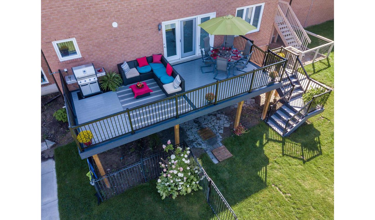 Grey Composite Decking using Select Pebble Grey with Winchester Grey trim - Orangeville, Caledon, Alliston, Bolton