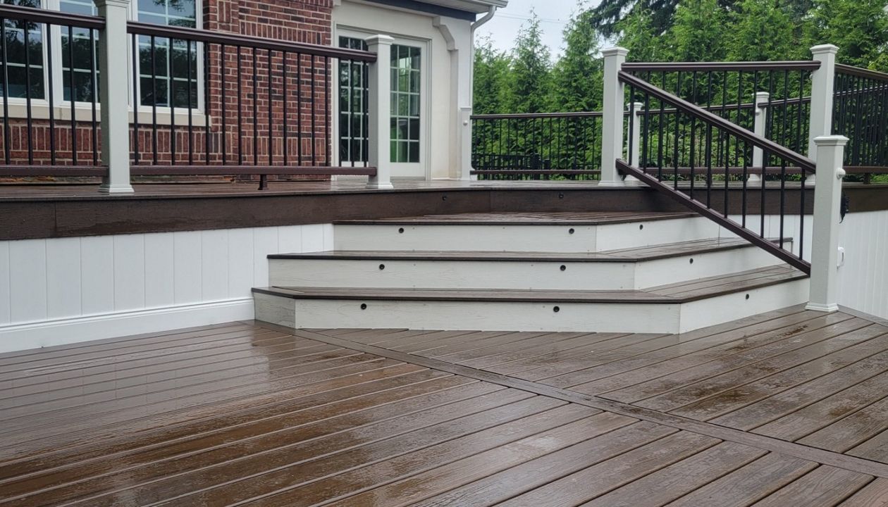 Trex Transcend Spiced Rum deck with composite rail for water front deck upgrade in Harrison Township, MI