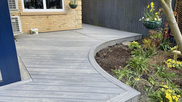 This deck in Towster was one of our favourite projects of 2021, we gave peter a step free access from him house and new orangery down a ramp into his garden, trex transcend composite decking with a trex custom curve to set it off, stunning.