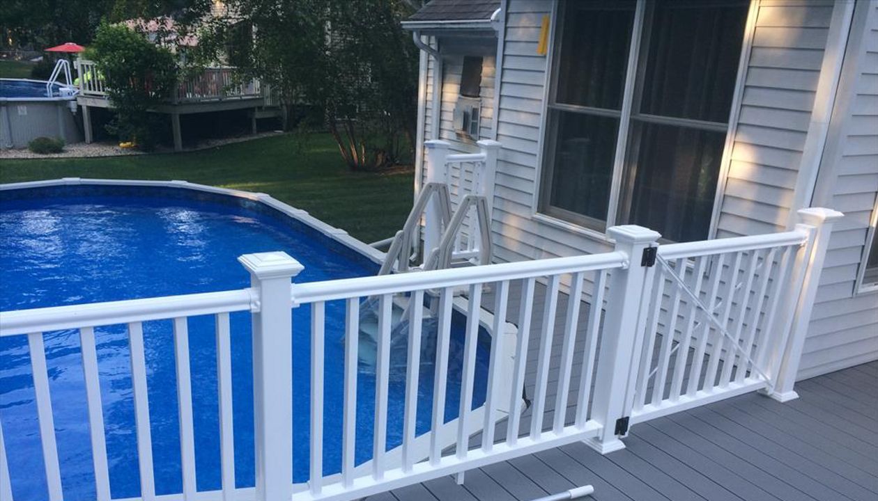 select pebble grey decking, vinyl rails