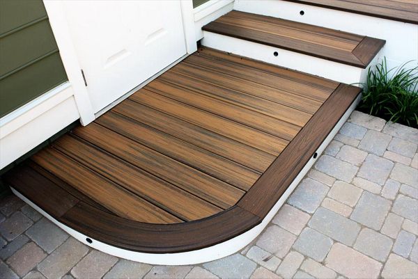 Platform and stairs made with two different styles of Trex decking.