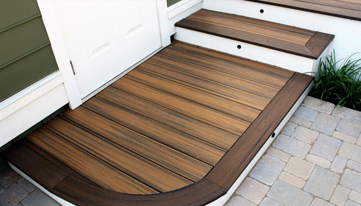 Platform and stairs made with two different styles of Trex decking.