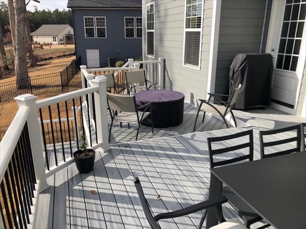 Large living space on this Trex Enhance Naturals Foggy Wharf deck.