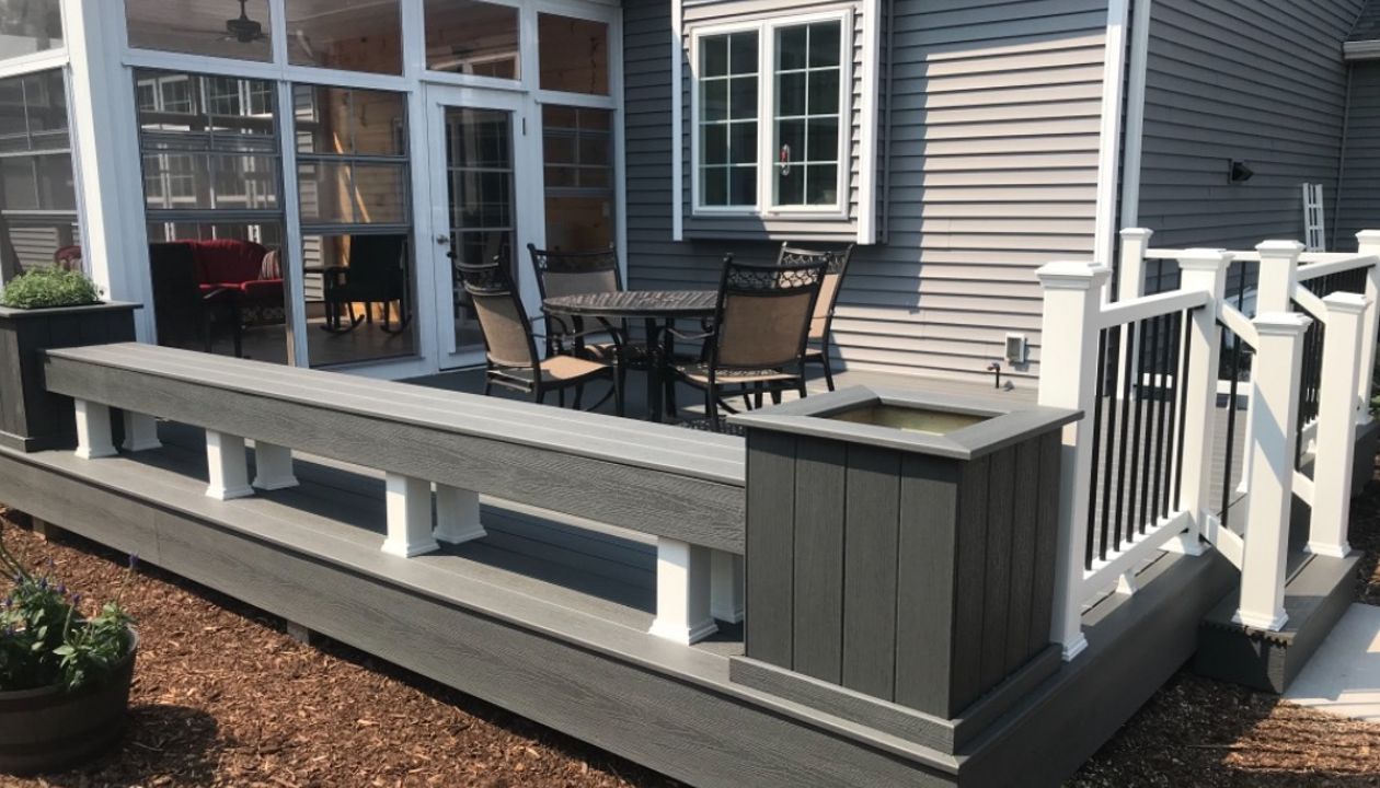 Enhance Clam Shell with built in bench and planters and Select railing