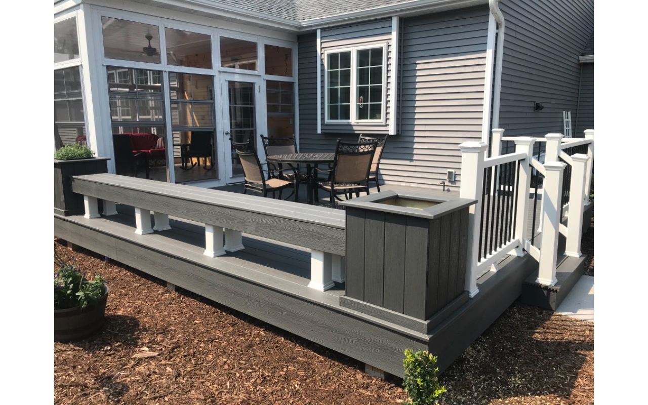 Enhance Clam Shell with built in bench and planters and Select railing