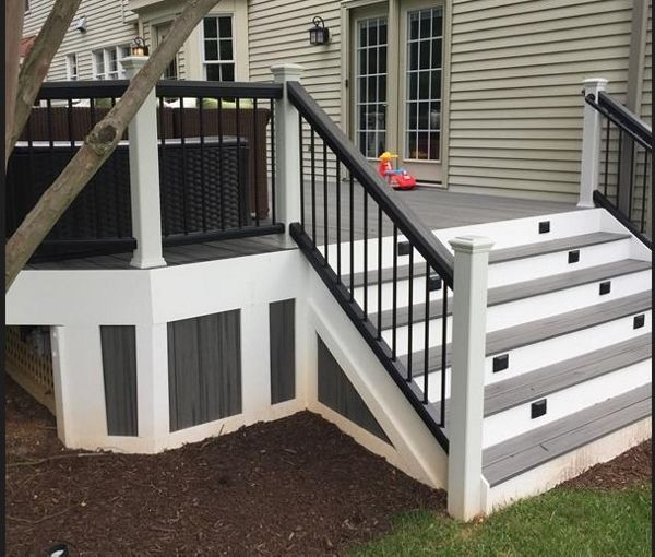 Trex Transcend Island Mist Deck with Trex Transcend Charcoal Black Railing featuring 2x4 Island Mist Cocktail Railng and Trex Transcend Island Mist skirting