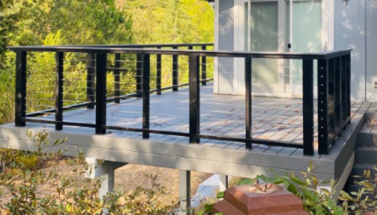 Los Altos, Ca. Pebble Grey Trex Deck, Stainless Steel Wire Railing with 4x4 PTDF Post with Trex Sleeve, Tops Rail, and Post Caps