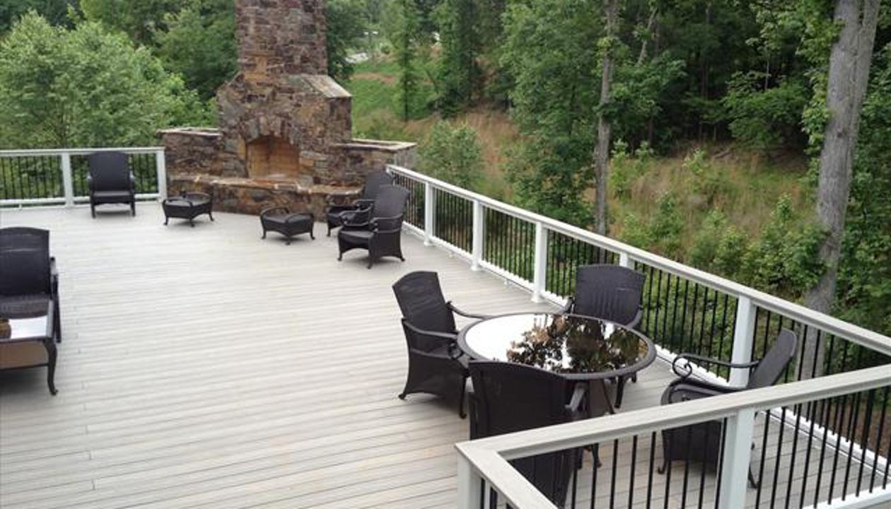 gravel path deck screen porch fire place